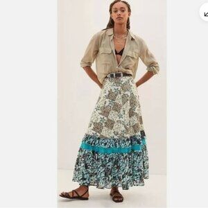 Anthropologie Raga Floral Patchwork Cotton Boho Maxi Skirt Size M $185